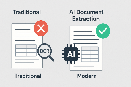 Comparison of AI Document Extraction showing traditional OCR stack failing with a red cross versus modern LLM-powered extraction succeeding with a green check.