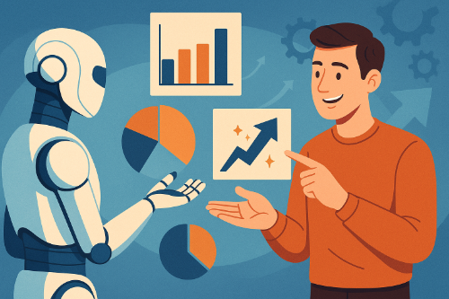 Digital illustration of human and AI collaborating on complex tasks with charts and graphs, symbolizing AI-Smart Careers in 2026 and a better future.