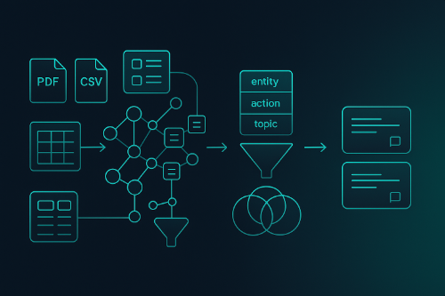 Structured Data RAG (FAST-RAG) diagram showing documents and tables parsed into a knowledge graph, indexed by entities/actions/topics, then filtered to precise answers.
