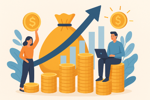Digital illustration showing people growing wealth with coins, laptops, and upward charts — symbolizing how to build wealth on a salary.