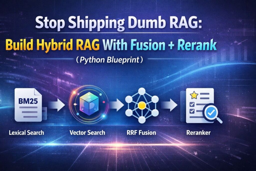 Hybrid RAG architecture showing BM25 search, vector embeddings, fusion, and reranking pipeline