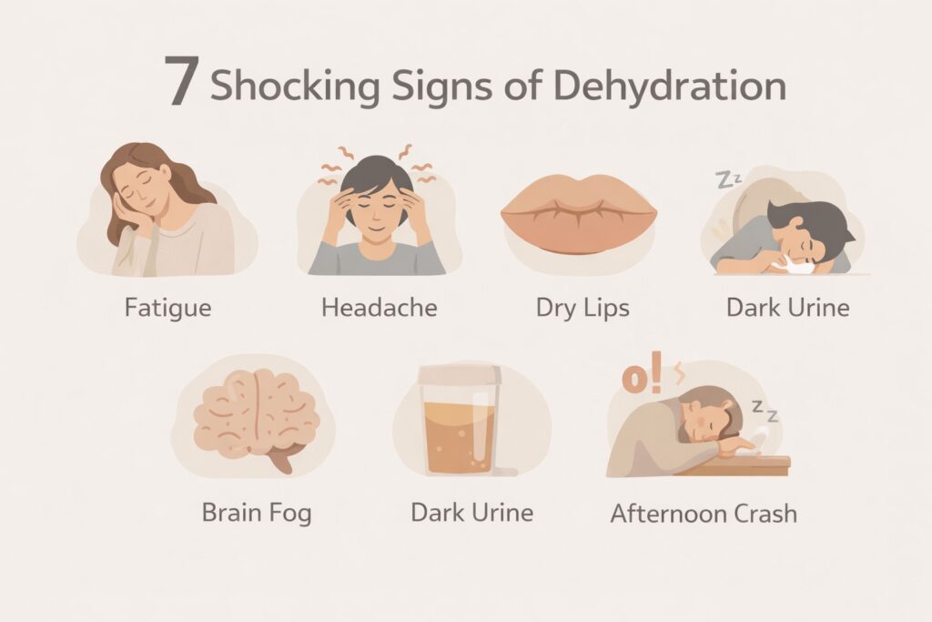 Infographic showing 7 shocking signs of dehydration and mild dehydration symptoms