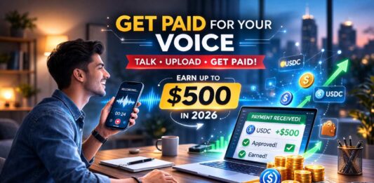 Person recording audio on smartphone for get paid for your voice AI side hustle