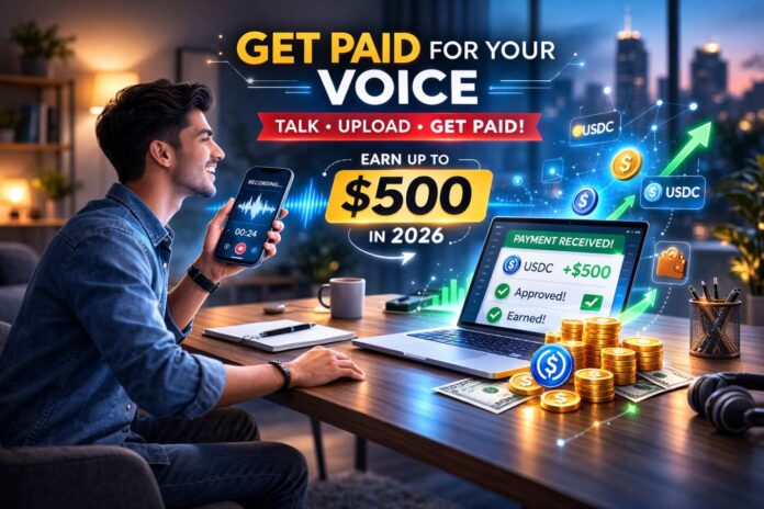 Person recording audio on smartphone for get paid for your voice AI side hustle