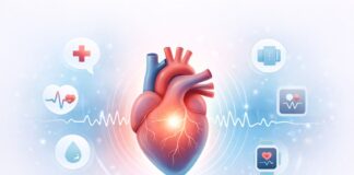 heart health signs illustrated with glowing human heart and signal waves