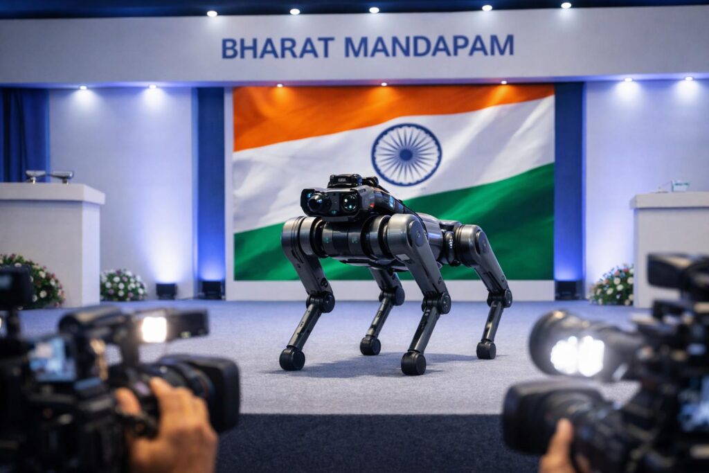 Chinese robotic dog at India AI Summit 2026 controversy display stage