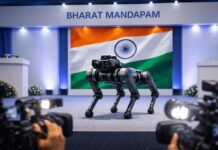 India AI Summit 2026 Erupts in Controversy as Chinese Robodog Sparks National Backlash Chinese robotic dog at India AI Summit 2026 controversy display stage