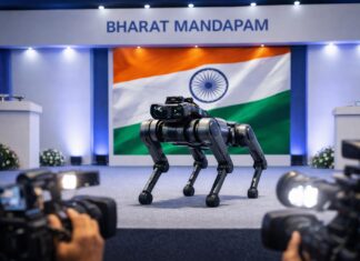 India AI Summit 2026 Erupts in Controversy as Chinese Robodog Sparks National Backlash Chinese robotic dog at India AI Summit 2026 controversy display stage