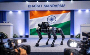 India AI Summit 2026 Erupts in Controversy as Chinese Robodog Sparks National Backlash Chinese robotic dog at India AI Summit 2026 controversy display stage