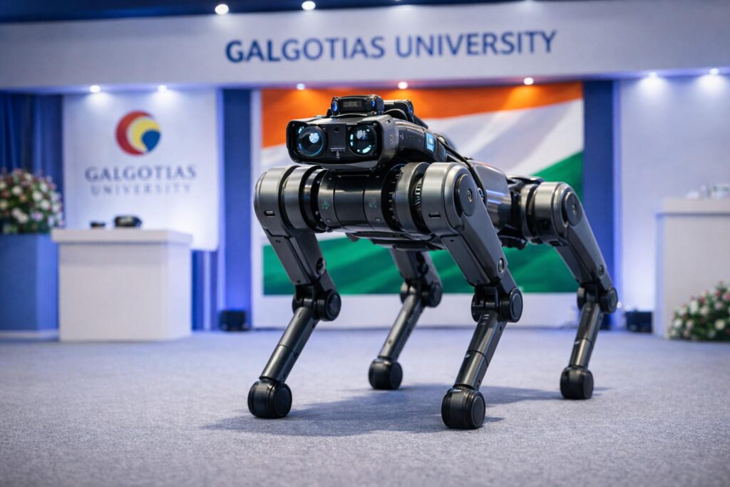 Unitree Go2 robotic dog displayed during India AI Summit 2026 controversy