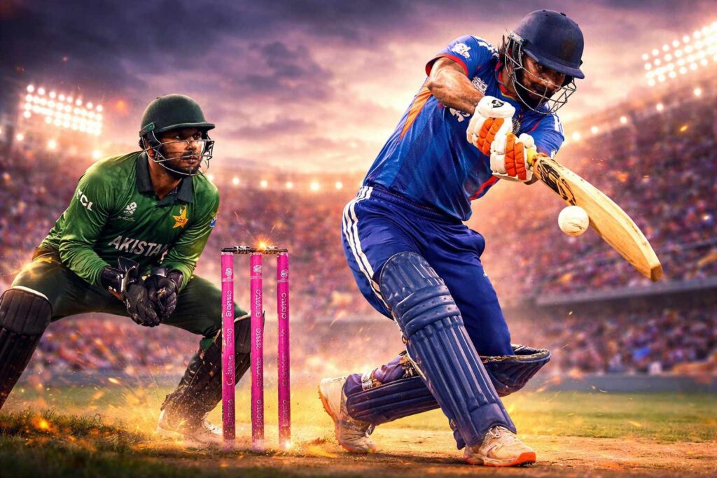 Ishan Kishan unleashes a fearless stroke in the high-voltage India vs Pakistan 2026 T20 World Cup clash.