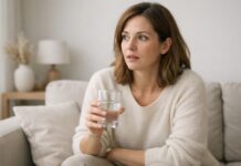 7 Shocking Signs of Dehydration I Ignored (And Why Drinking Water Wasn’t Enough) Woman realizing shocking signs of dehydration while holding water glass in minimal home setting