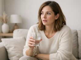 7 Shocking Signs of Dehydration I Ignored (And Why Drinking Water Wasn’t Enough) Woman realizing shocking signs of dehydration while holding water glass in minimal home setting