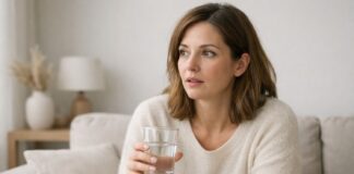7 Shocking Signs of Dehydration I Ignored (And Why Drinking Water Wasn’t Enough) Woman realizing shocking signs of dehydration while holding water glass in minimal home setting