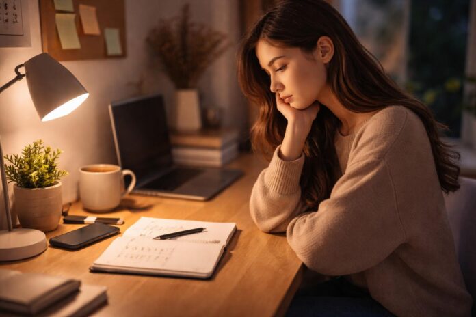 system-vs-motivation-night-workspace-consistency young woman reflecting on system vs motivation approach for consistency