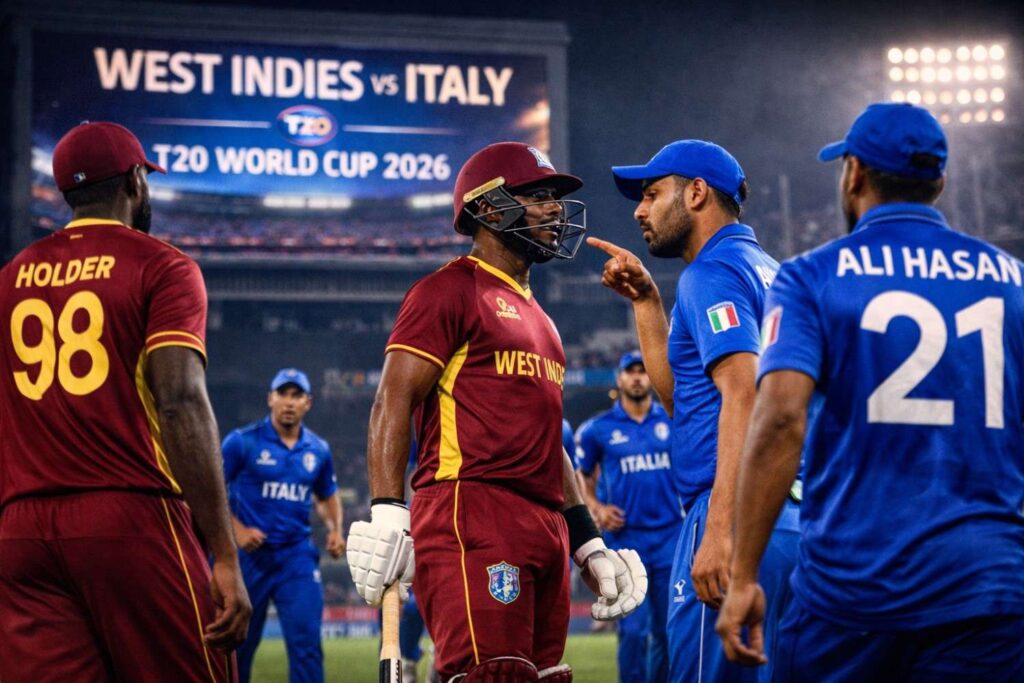 West Indies cricket team vs Italy national cricket team — heated on-field moment during the T20 World Cup 2026 clash at Eden Gardens, Kolkata.