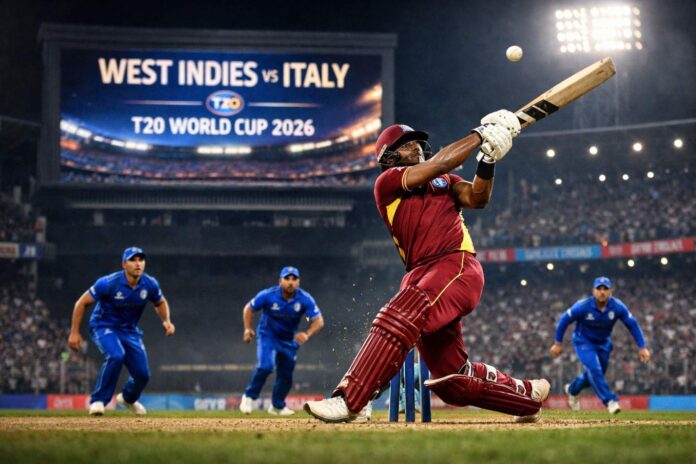 West Indies vs Italy T20 World Cup 2026: Shai Hope anchors the innings as Italy strike in the middle overs.