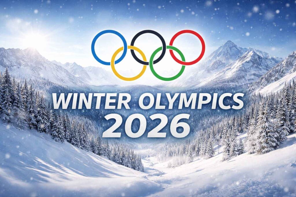 Winter Olympics 2026 Milano Cortina official arena with Olympic rings and illuminated ice stadium