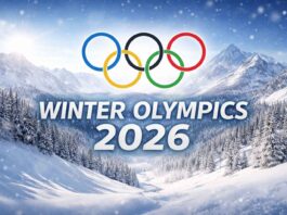 Winter Olympics 2026 Milano Cortina official arena with Olympic rings and illuminated ice stadium