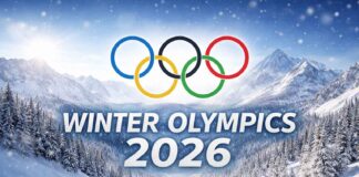 Winter Olympics 2026 Milano Cortina official arena with Olympic rings and illuminated ice stadium