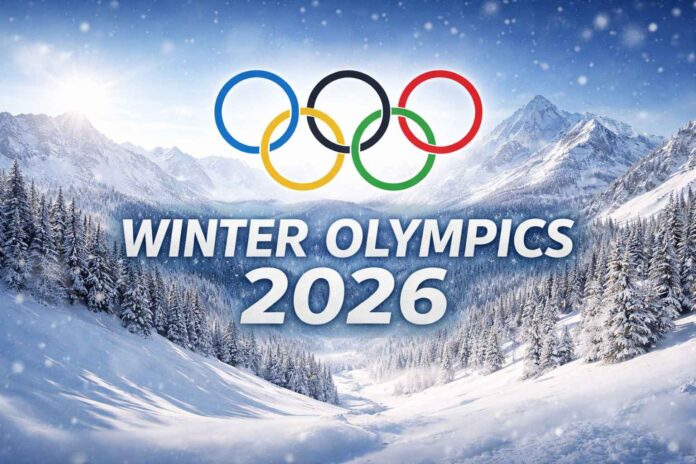 Winter Olympics 2026 Milano Cortina official arena with Olympic rings and illuminated ice stadium