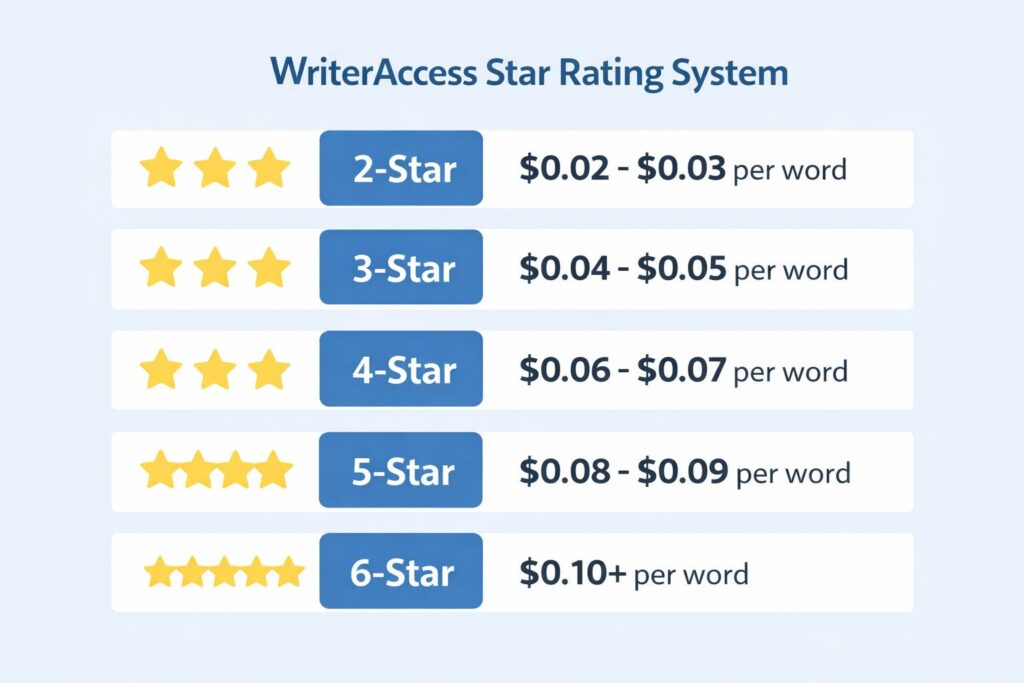 WriterAccess star rating system showing how to earn $10 per 100 words