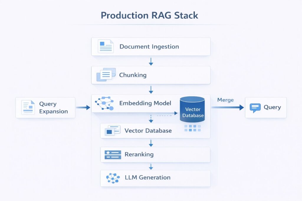 A production-ready RAG stack combines document ingestion, semantic chunking, embeddings, query expansion, reranking, and LLM generation.