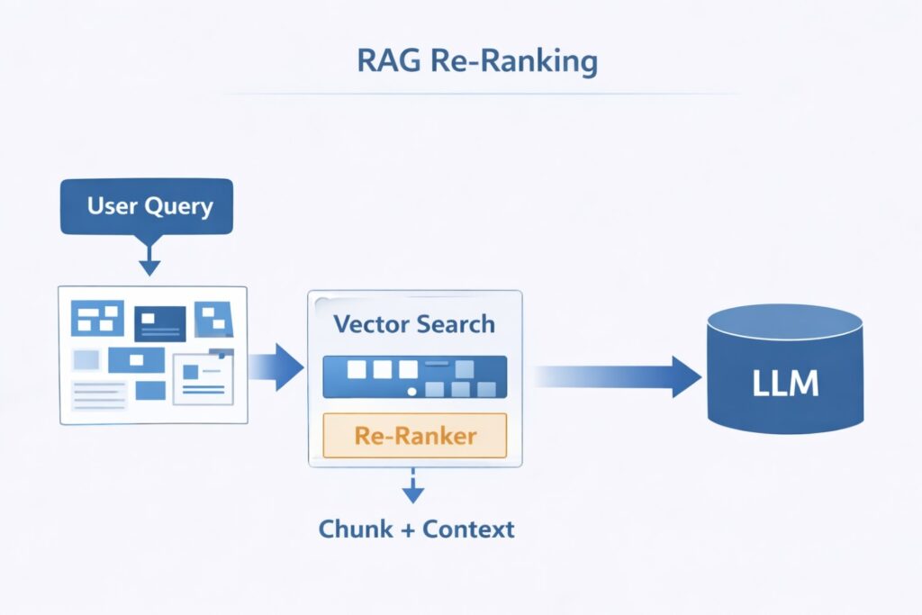 Re-ranking improves retrieval precision by evaluating multiple candidate results and selecting the most relevant chunks before sending them to the LLM.
